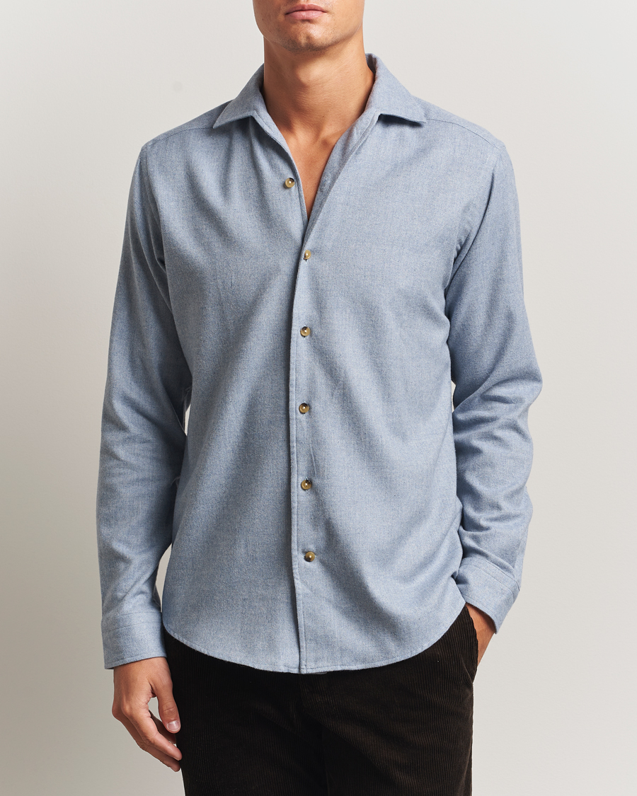 Men | Shirts | Eton | Casual Fit One Piece Collar Flannel Shirt Light Blue