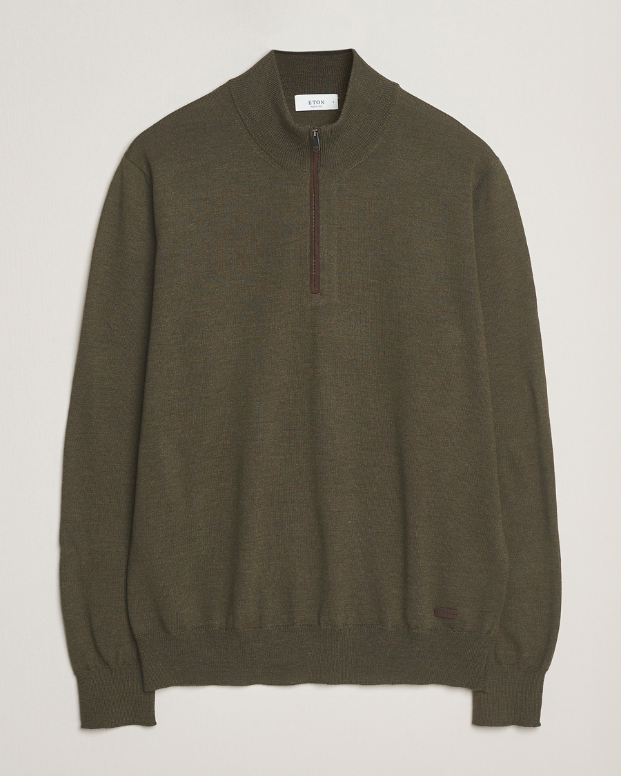Men | Sweaters & Knitwear | Eton | Merino Knitted Half Zip Dark Green