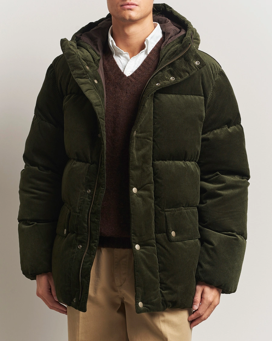 Men | Coats & Jackets | GANT | Corduroy Down Hooded Puffer Jacket Green Lagoon
