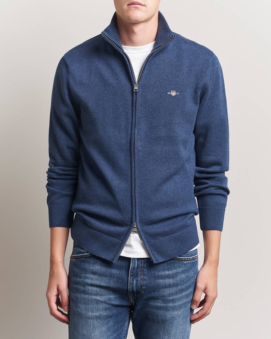 Men | Sweaters & Knitwear | GANT | Casual Cotton Full Zip Dark Jeans Blue Melange