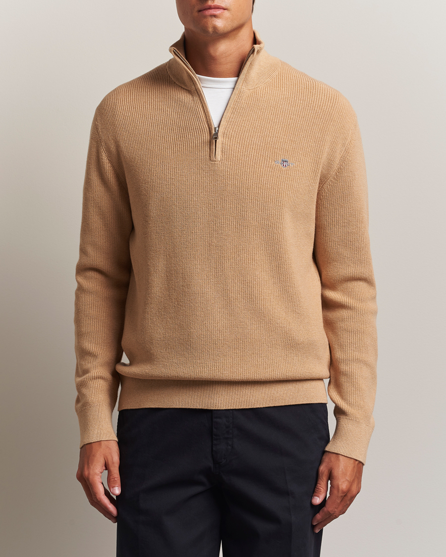 Men | Sweaters & Knitwear | GANT | Cotton/Merino Ribbed Half Zip Khaki Melange