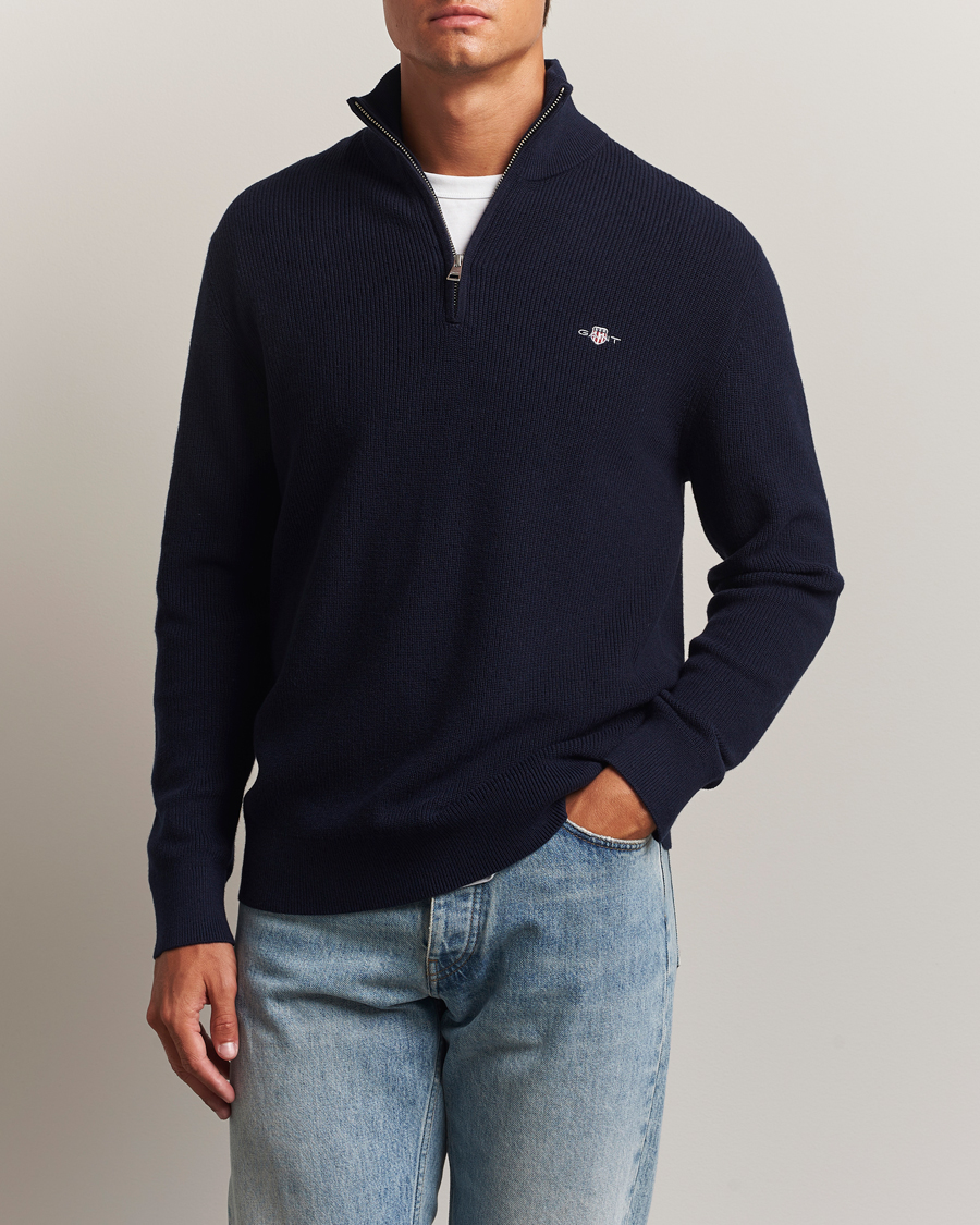 Men | Sweaters & Knitwear | GANT | Cotton/Merino Ribbed Half Zip Evening Blue