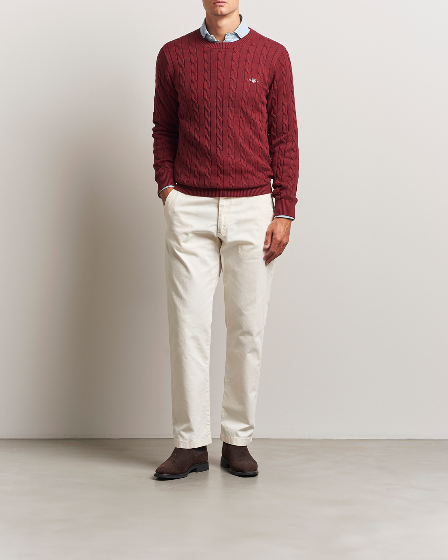 Men | Sweaters & Knitwear | GANT | Cotton Cable Crew Neck Plumped Red
