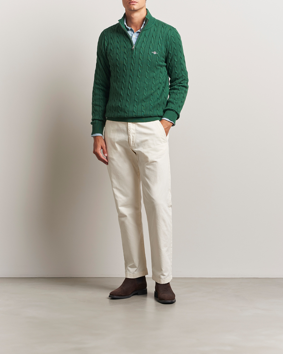 Men | Sweaters & Knitwear | GANT | Cotton Cable Half Zip Forest Green
