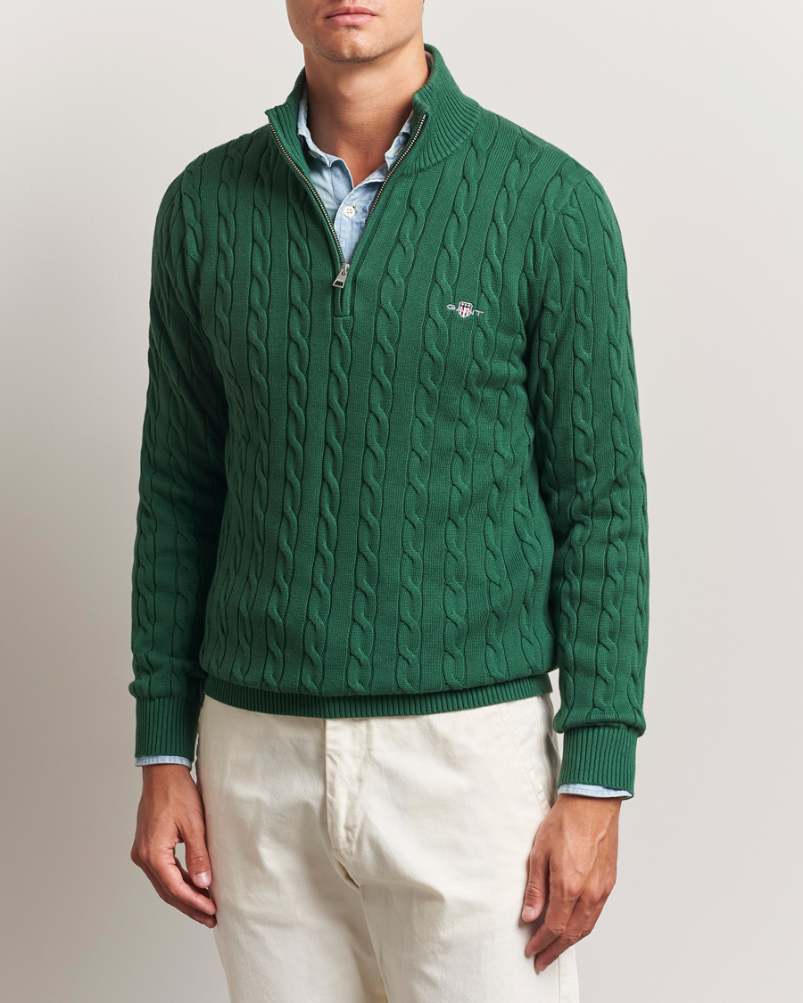 Men | Sweaters & Knitwear | GANT | Cotton Cable Half Zip Forest Green