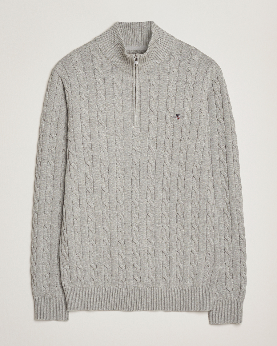Men | Sweaters & Knitwear | GANT | Cotton Cable Half Zip Grey Melange