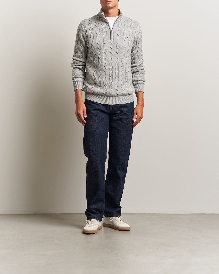 Men | Sweaters & Knitwear | GANT | Cotton Cable Half Zip Grey Melange