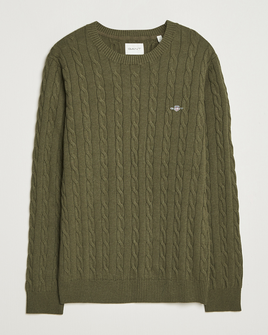Men | Sweaters & Knitwear | GANT | Cotton Cable Crew Neck Pullover Khaki Green Melange