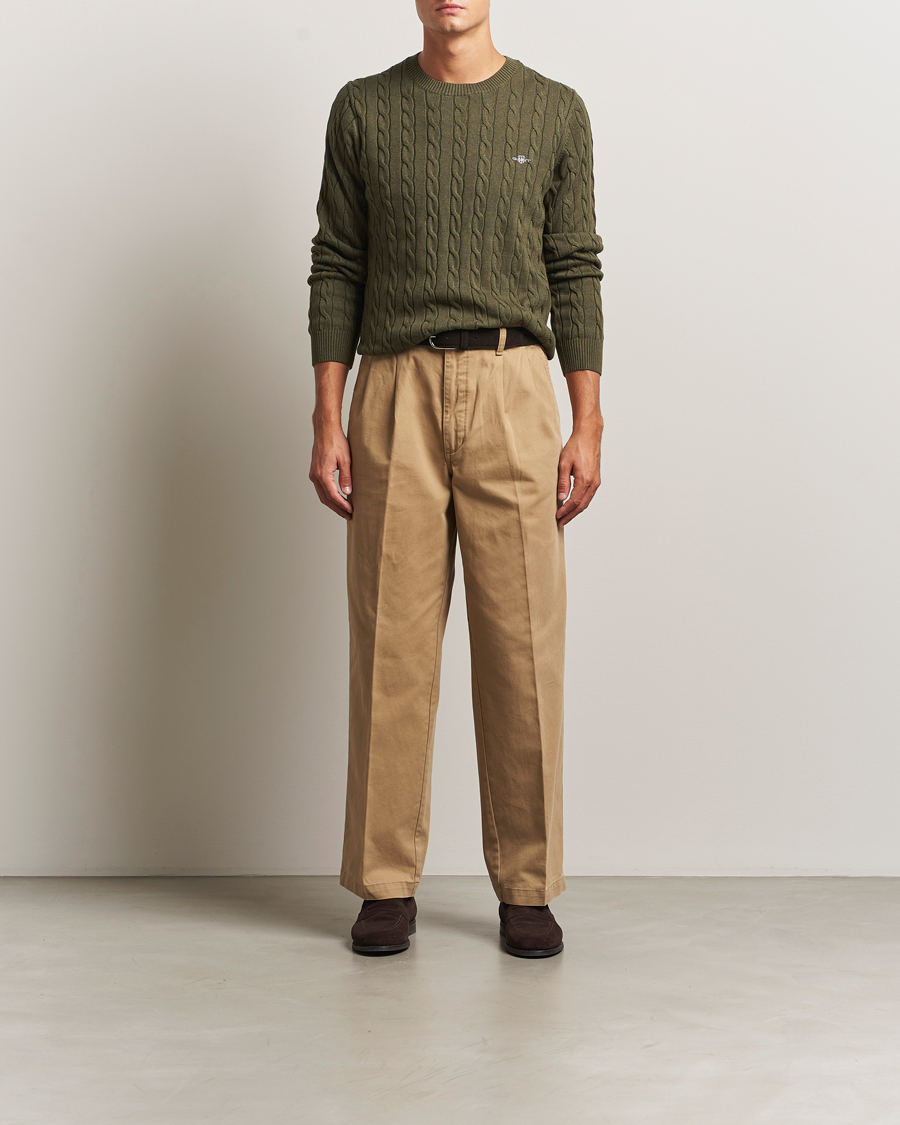 Men | Sweaters & Knitwear | GANT | Cotton Cable Crew Neck Pullover Khaki Green Melange