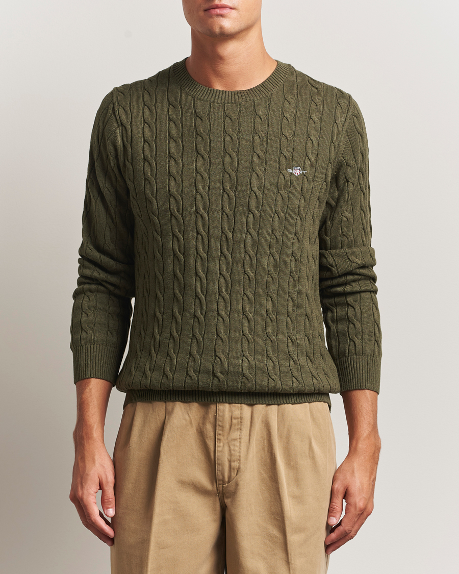 Men | Sweaters & Knitwear | GANT | Cotton Cable Crew Neck Pullover Khaki Green Melange