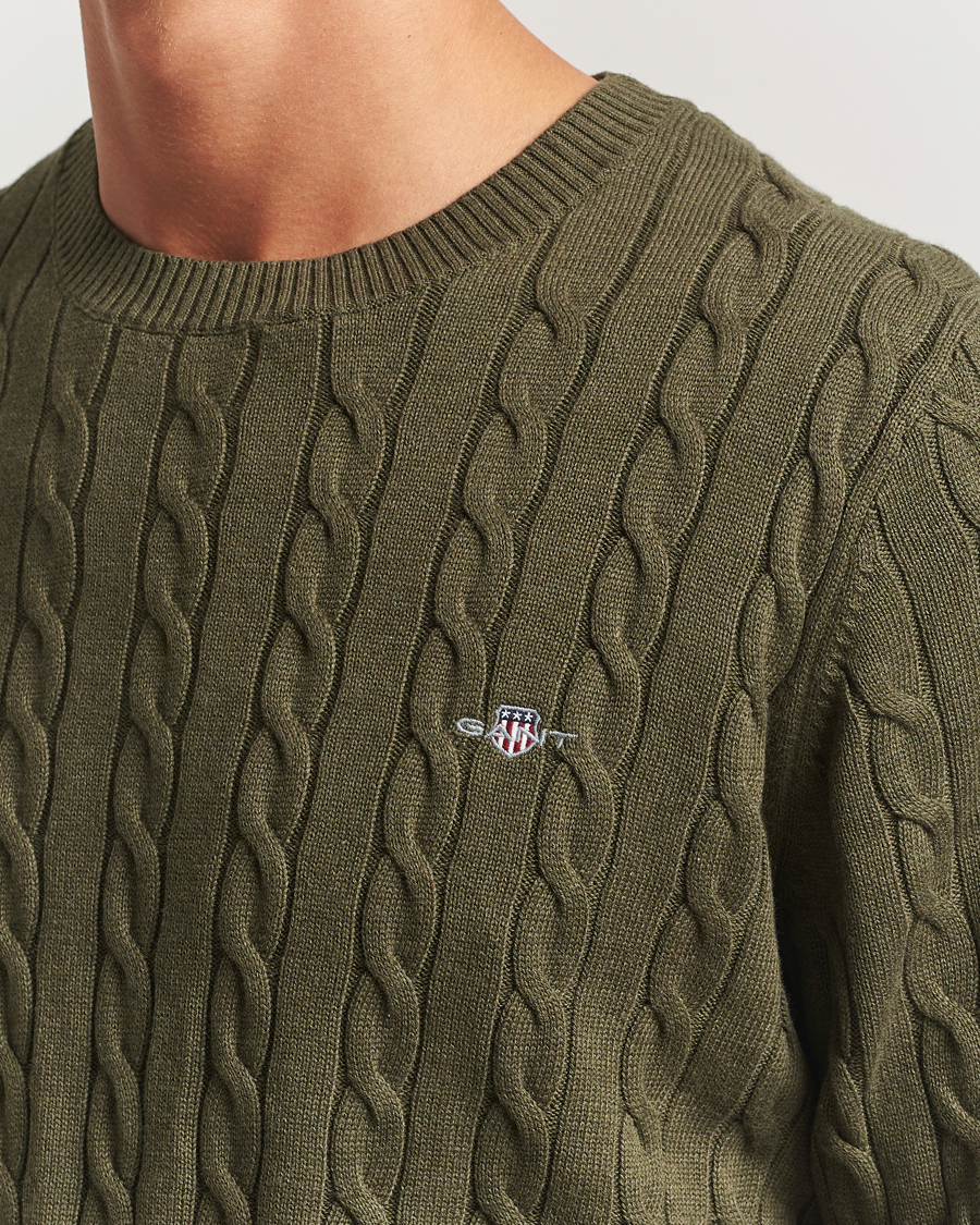 Men | Sweaters & Knitwear | GANT | Cotton Cable Crew Neck Pullover Khaki Green Melange