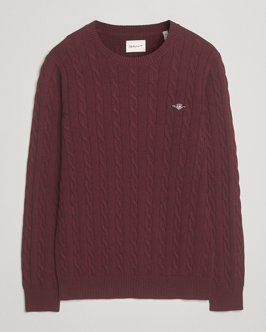 Men | Sweaters & Knitwear | GANT | Cotton Cable Crew Neck Pullover Bordeaux Melange