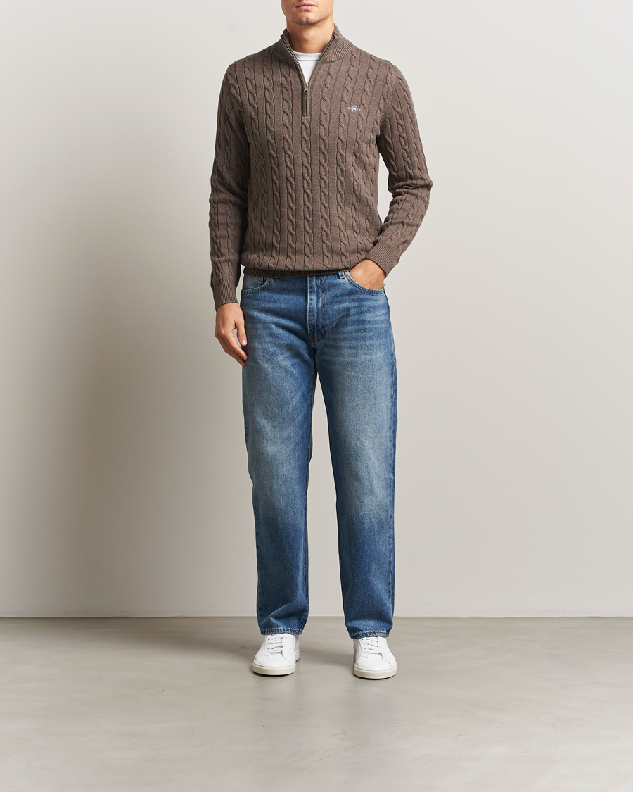Men | Sweaters & Knitwear | GANT | Cotton Cable Half Zip Seawood Melange