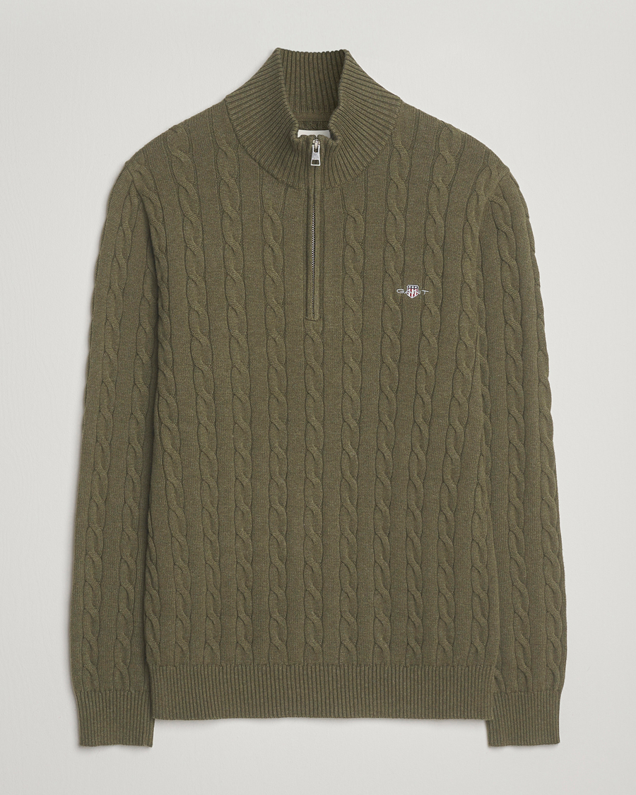 Men | Sweaters & Knitwear | GANT | Cotton Cable Half Zip Khaki Green Melange