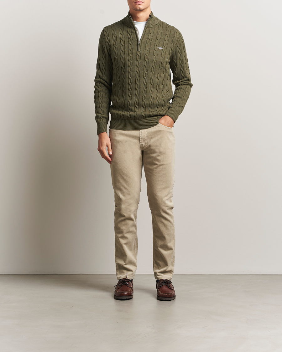 Men | Sweaters & Knitwear | GANT | Cotton Cable Half Zip Khaki Green Melange