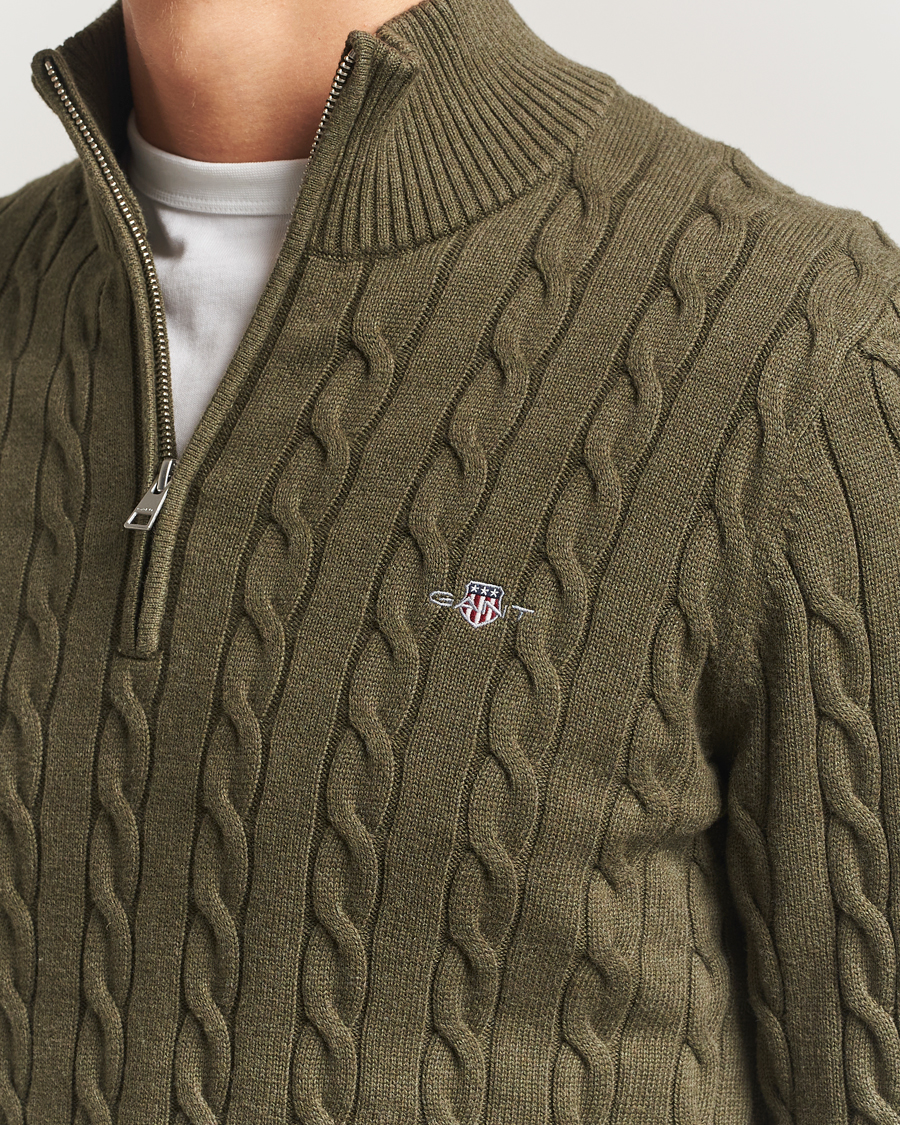 Men | Sweaters & Knitwear | GANT | Cotton Cable Half Zip Khaki Green Melange