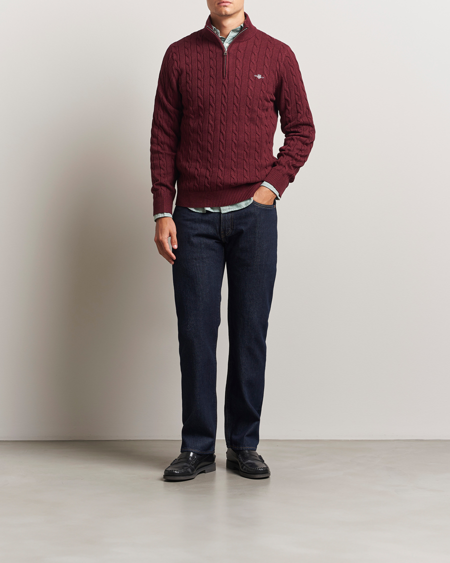 Men | Sweaters & Knitwear | GANT | Cotton Cable Half Zip Bordeaux Melange
