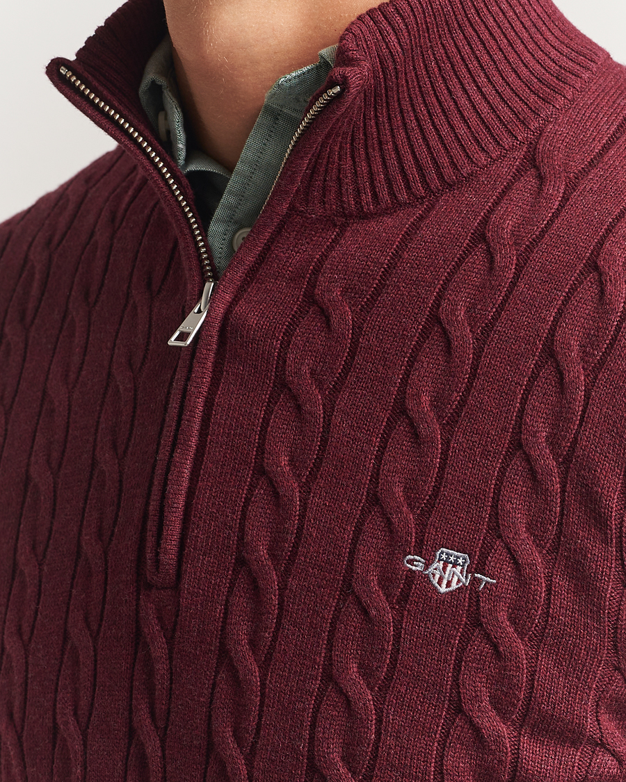 Men | Sweaters & Knitwear | GANT | Cotton Cable Half Zip Bordeaux Melange