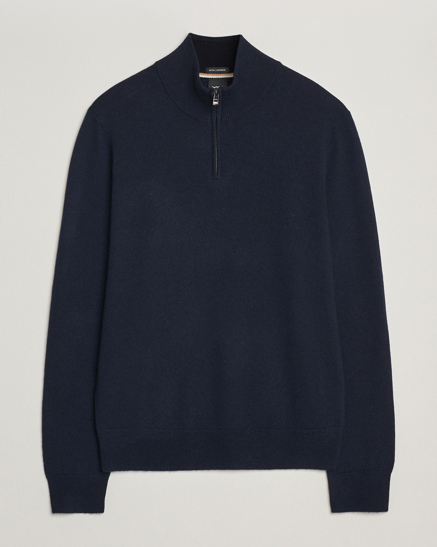 Men | Sweaters & Knitwear | BOSS BLACK | Hemarlo Wool/Cashmere Half Zip Dark Blue