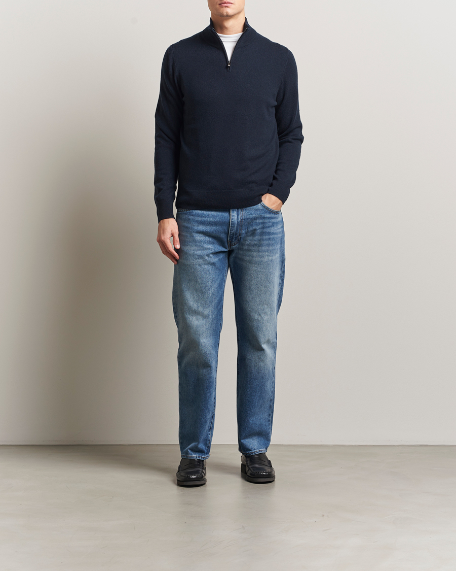 Men | Sweaters & Knitwear | BOSS BLACK | Hemarlo Wool/Cashmere Half Zip Dark Blue