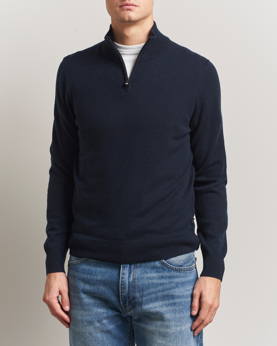 Men | Sweaters & Knitwear | BOSS BLACK | Hemarlo Wool/Cashmere Half Zip Dark Blue