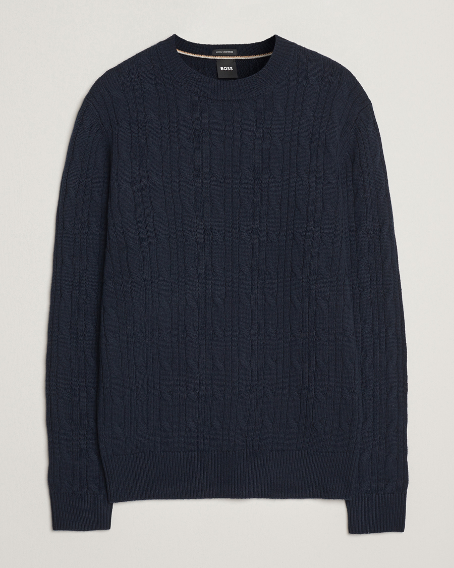 Men | Sweaters & Knitwear | BOSS BLACK | Hetico Wool/Cashmere Cable Sweater Dark Blue