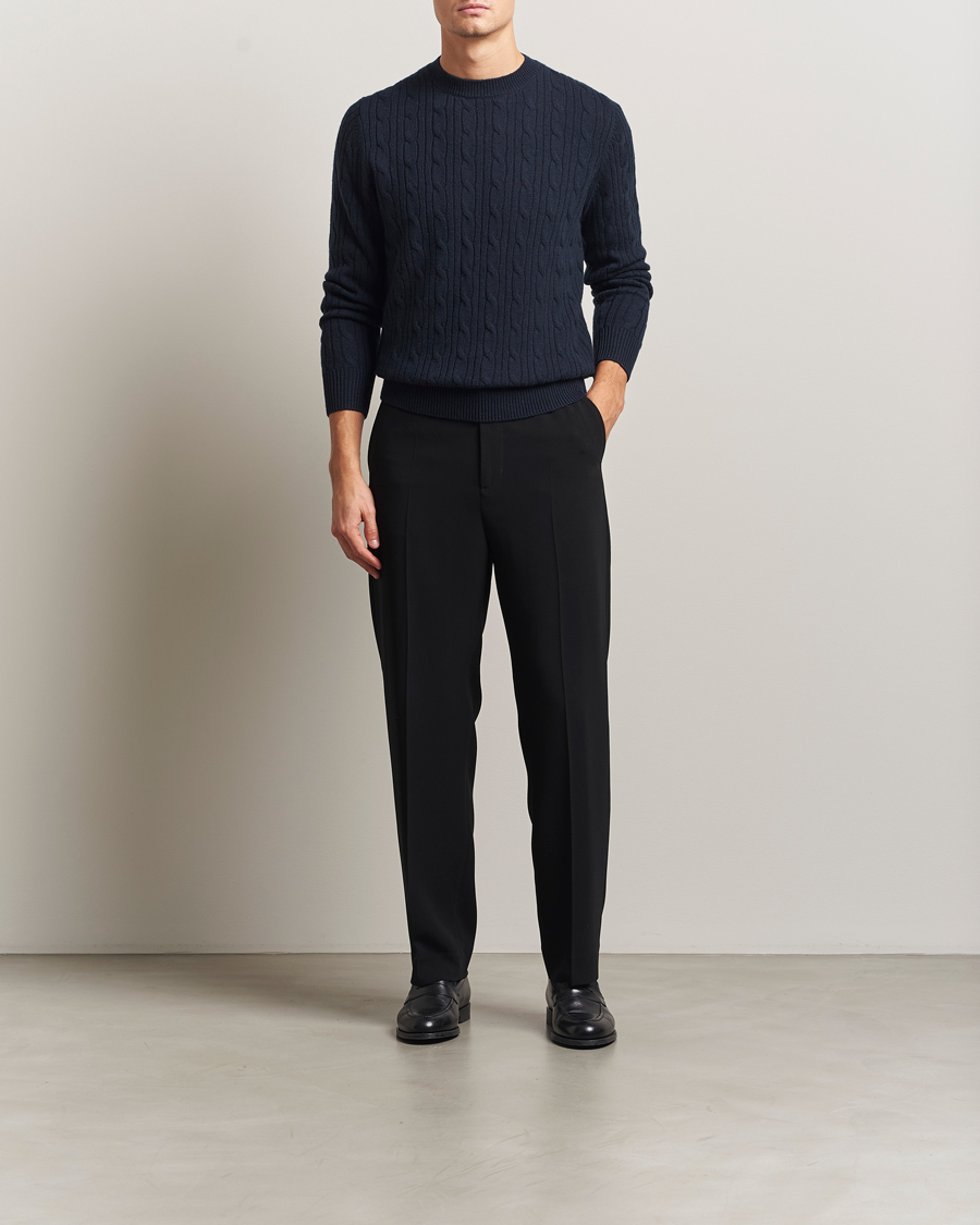 Men | Sweaters & Knitwear | BOSS BLACK | Hetico Wool/Cashmere Cable Sweater Dark Blue
