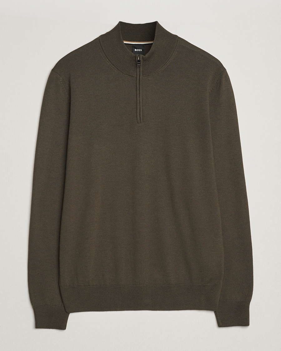 Men | Sweaters & Knitwear | BOSS BLACK | Ebenji Merino Knitted Half Zip Open Green