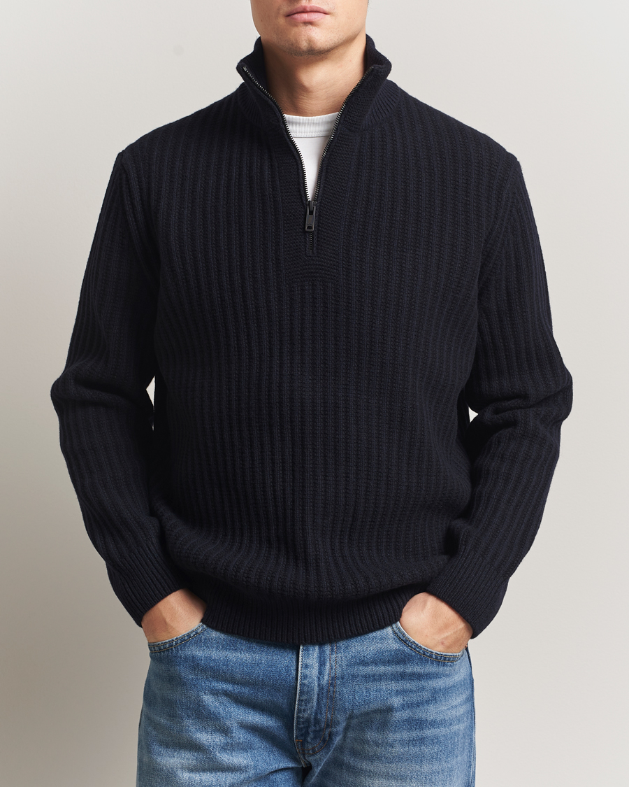 Men | Sweaters & Knitwear | BOSS ORANGE | Kwinter Ribbed Wool Knitted Half Zip Dark Blue
