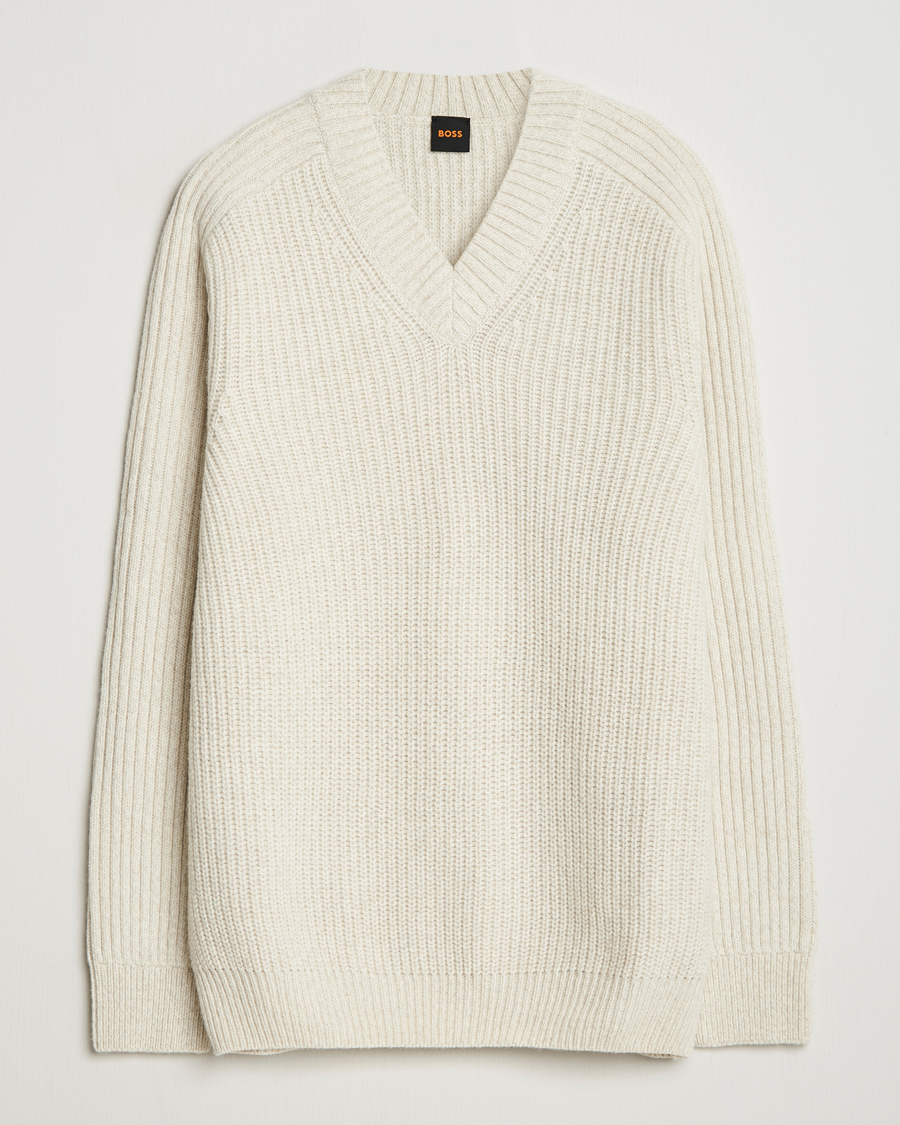 Men | Sweaters & Knitwear | BOSS ORANGE | Karinet Ribbed Wool Knitted V-Neck Light Beige