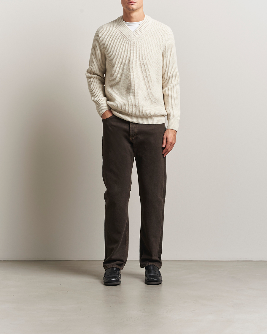 Men | Sweaters & Knitwear | BOSS ORANGE | Karinet Ribbed Wool Knitted V-Neck Light Beige