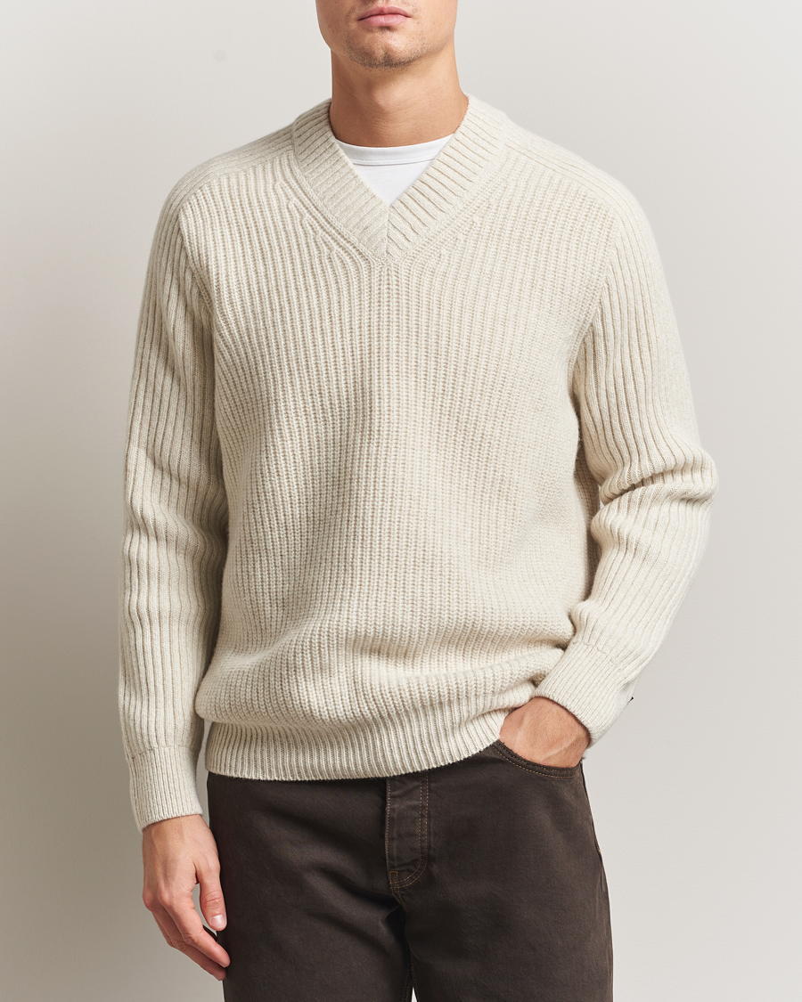Men | Sweaters & Knitwear | BOSS ORANGE | Karinet Ribbed Wool Knitted V-Neck Light Beige