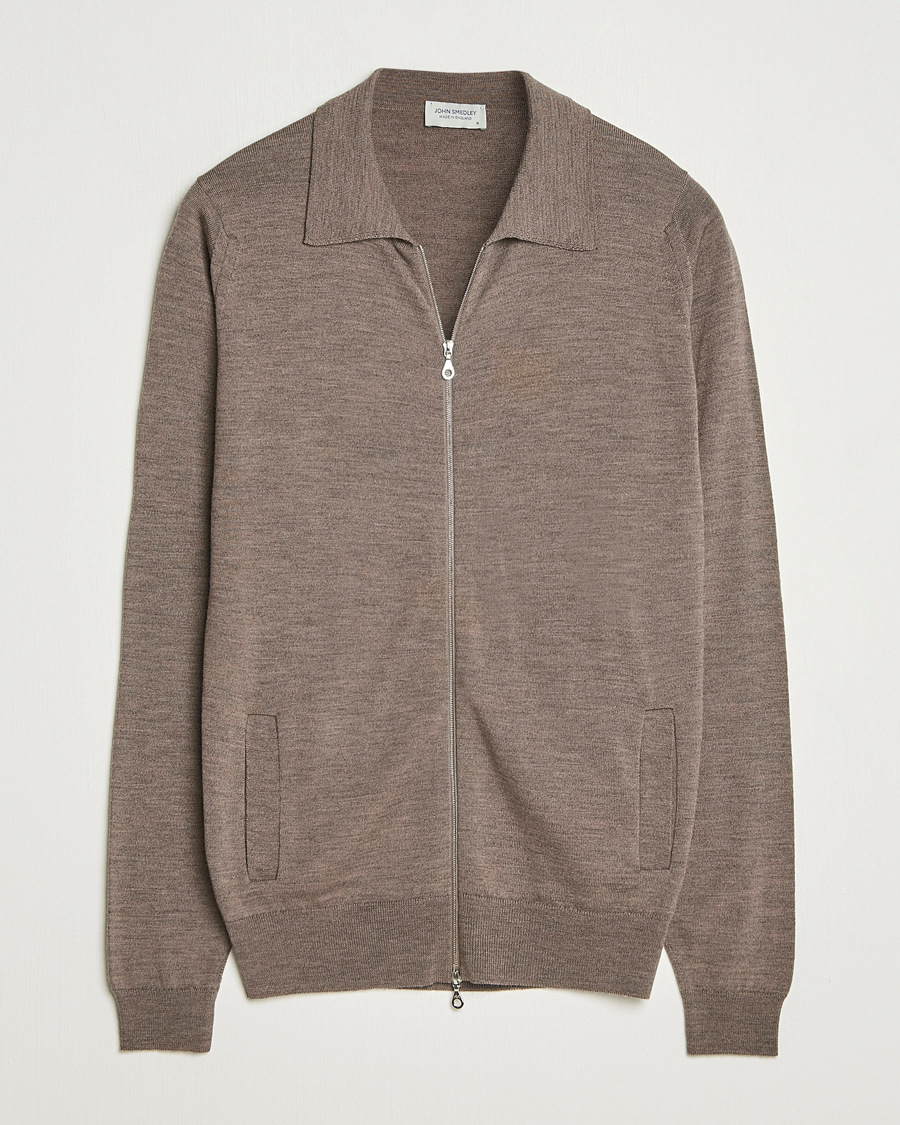 Men | Sweaters & Knitwear | John Smedley | Alston Extra Fine Merino Full Zip Mushroom Brown