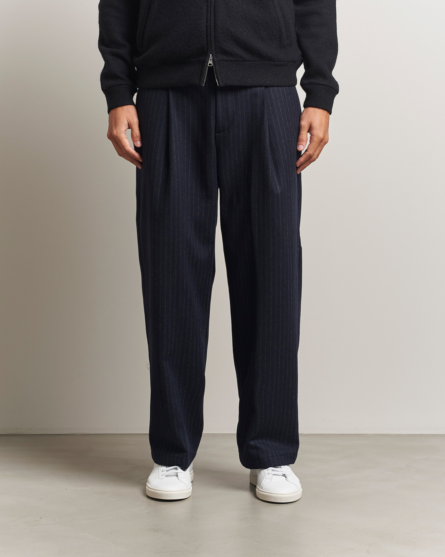 Men | Trousers | NN07 | Kay Wool Pleated Pinstriped Trousers Navy Blue