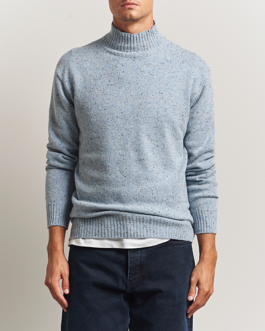Men | Sweaters & Knitwear | NN07 | Aksel Wool Donegal Knitted Mock Neck Cerulian Blue