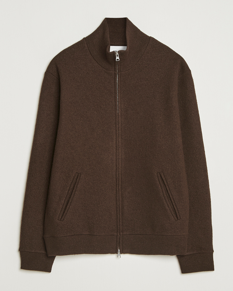 Men | Sweaters & Knitwear | NN07 | Boiled Wool Full Zip Demitasse Brown