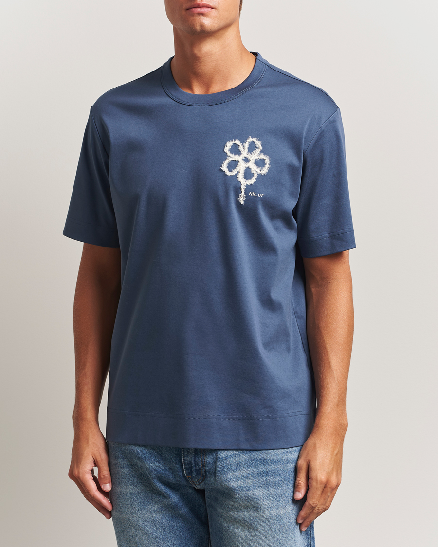 Men | T-Shirts | NN07 | Pedro Mercerized Embroidered T-Shirt Denim Blue