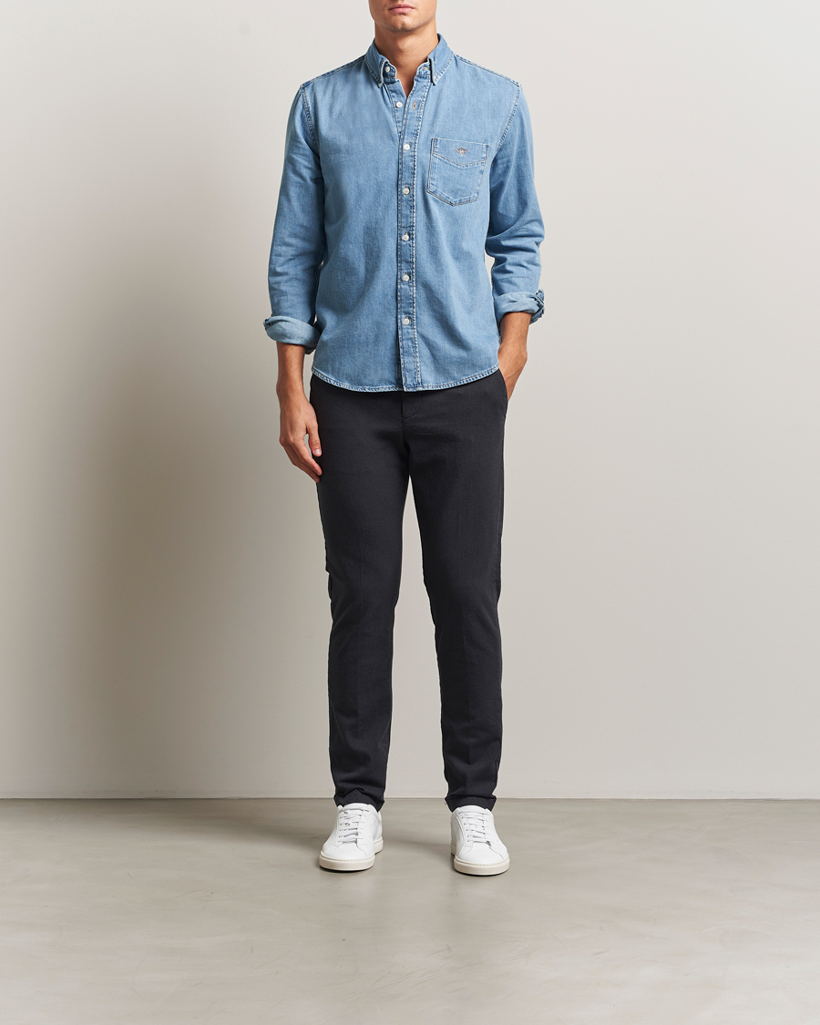 Men | Trousers | GANT | Slim Fit Cotton Herringbone Trousers Antracite