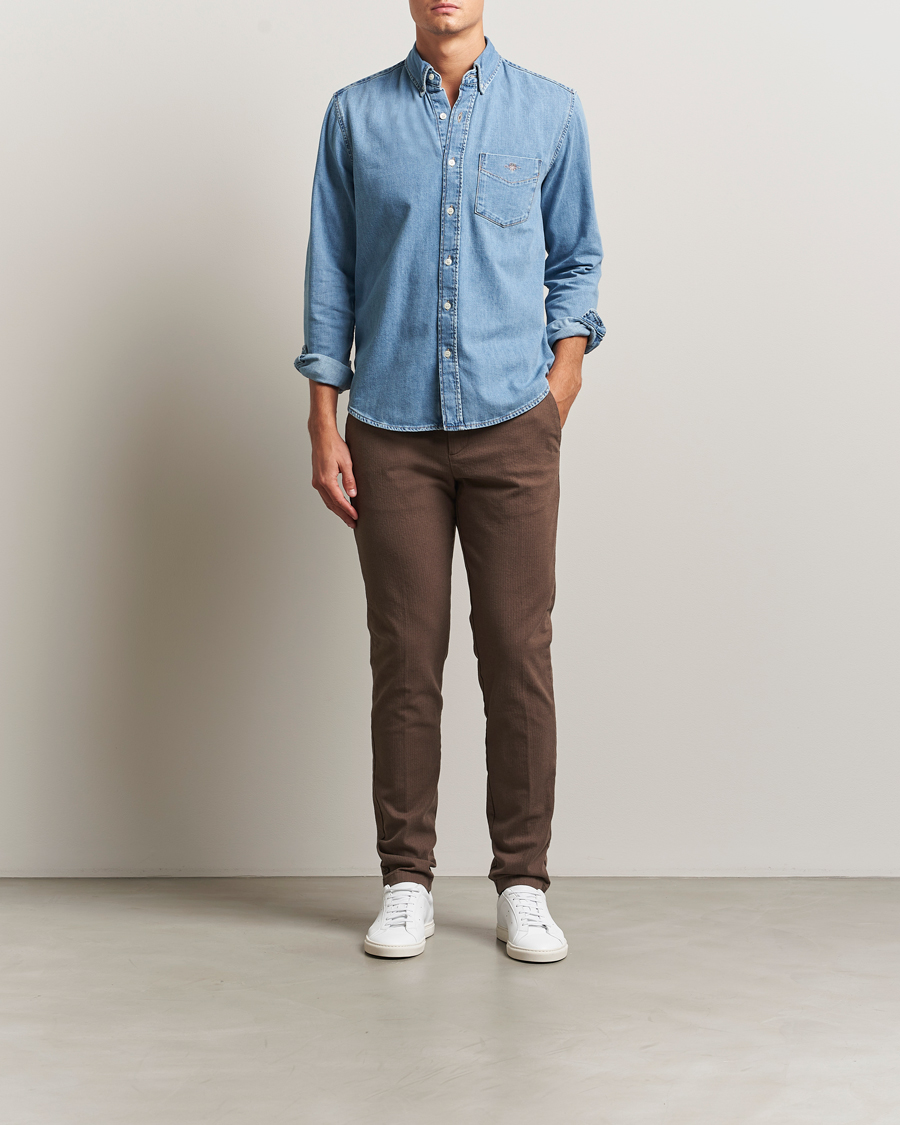 Men | Trousers | Gant | Slim Fit Cotton Herringbone Trousers Rich Brown