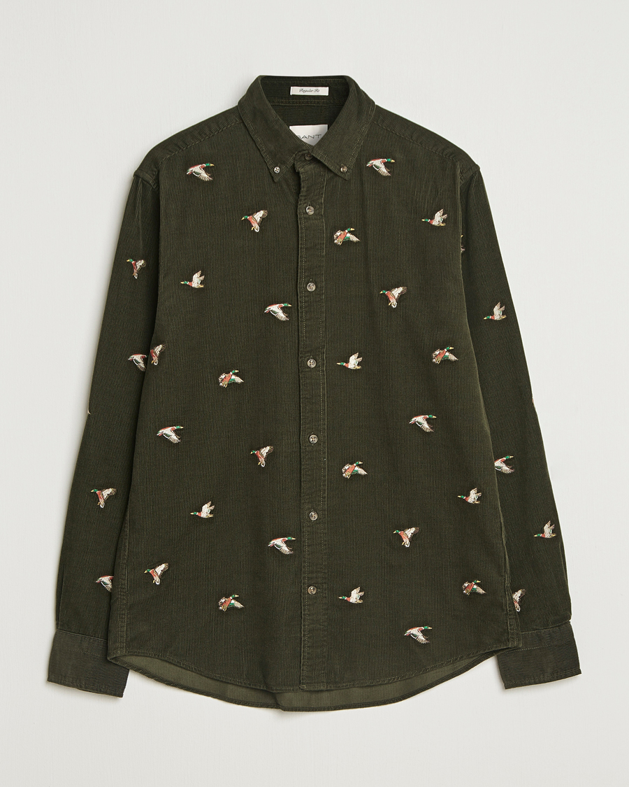 Men | Shirts | GANT | Regular Fit Embroidered Corduroy Shirt Green Lagoon