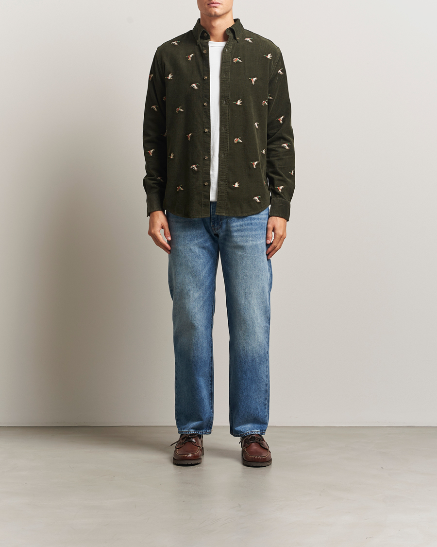 Men | Shirts | GANT | Regular Fit Embroidered Corduroy Shirt Green Lagoon