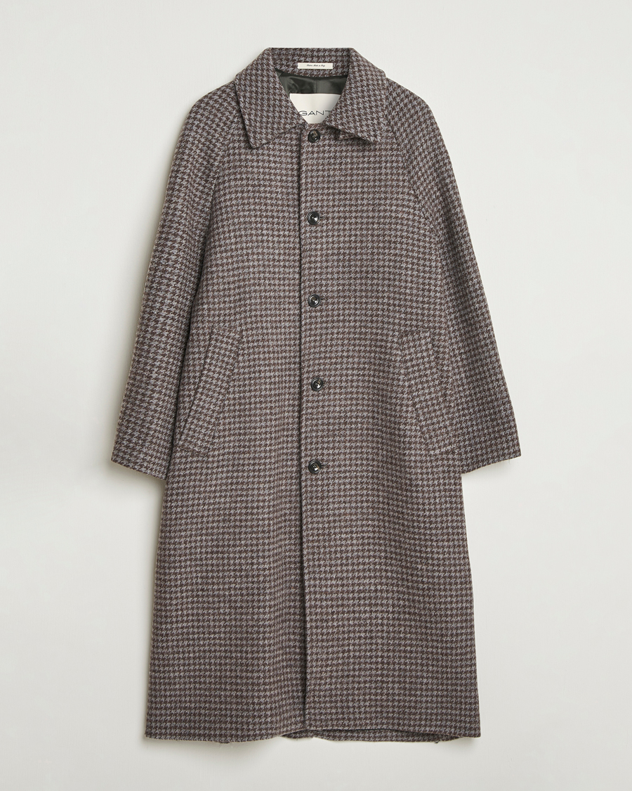 Men | Coats & Jackets | GANT | Wool Balmacaan Houndstooth Coat Deep Brown