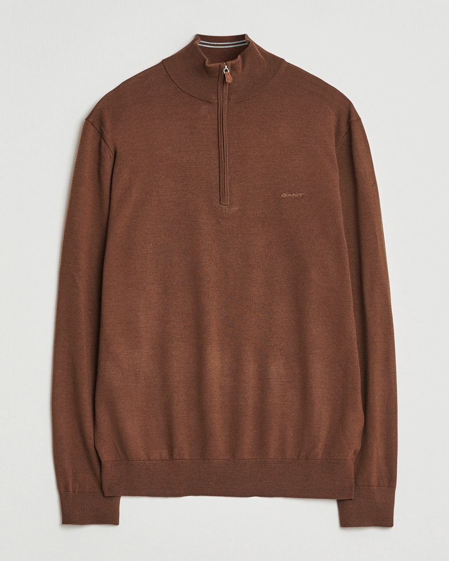 Men | Sweaters & Knitwear | GANT | Extrafine Merino Wool Half Zip Mahogany Brown