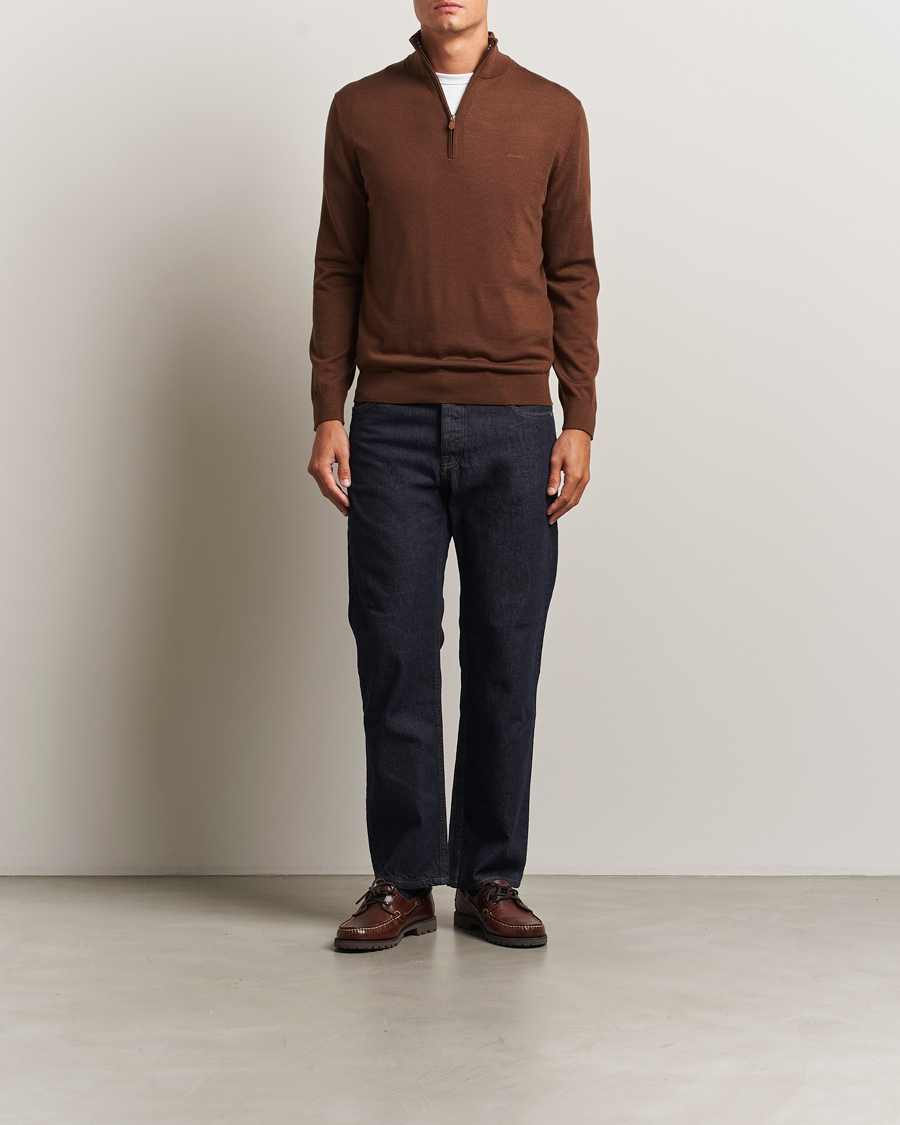 Men | Sweaters & Knitwear | GANT | Extrafine Merino Wool Half Zip Mahogany Brown