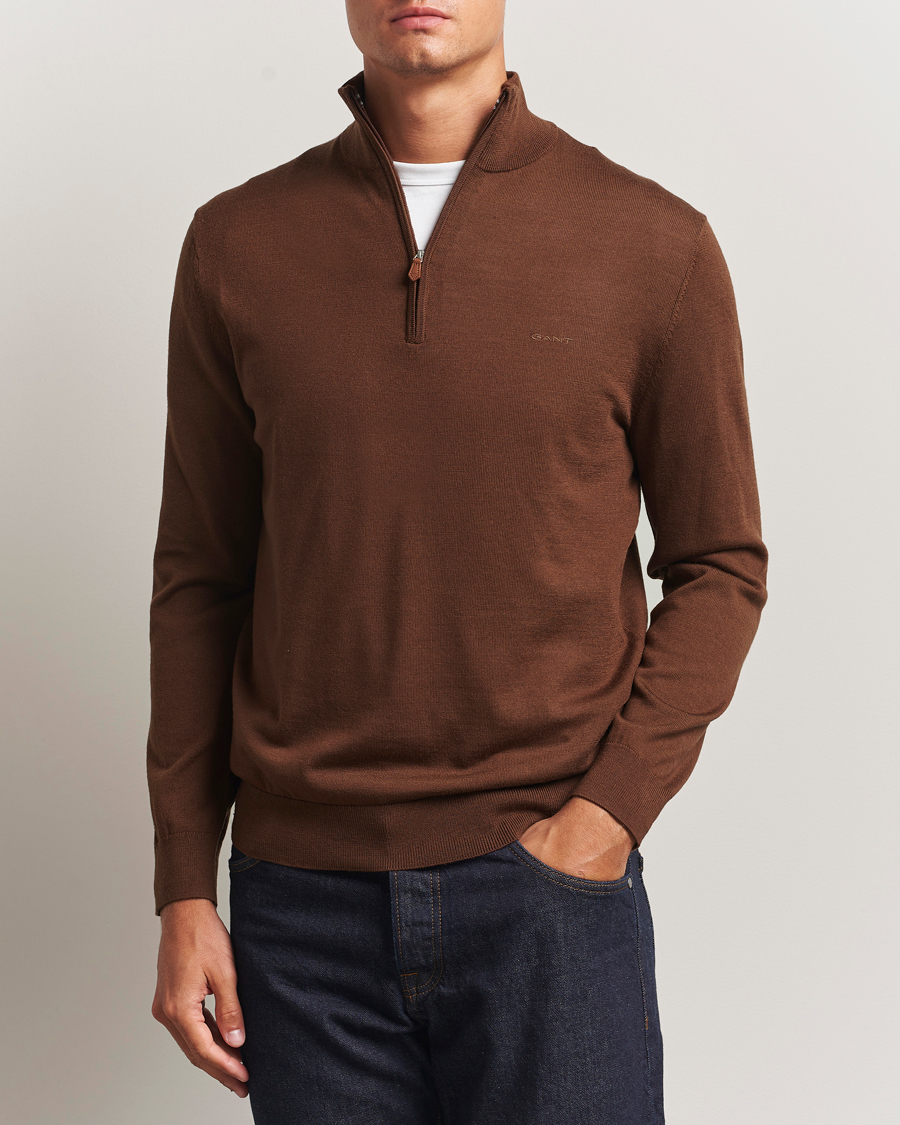 Men | Sweaters & Knitwear | GANT | Extrafine Merino Wool Half Zip Mahogany Brown