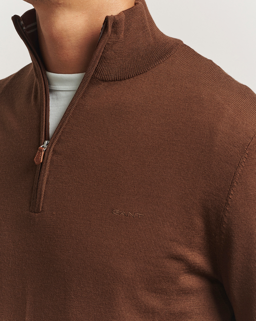 Men | Sweaters & Knitwear | GANT | Extrafine Merino Wool Half Zip Mahogany Brown