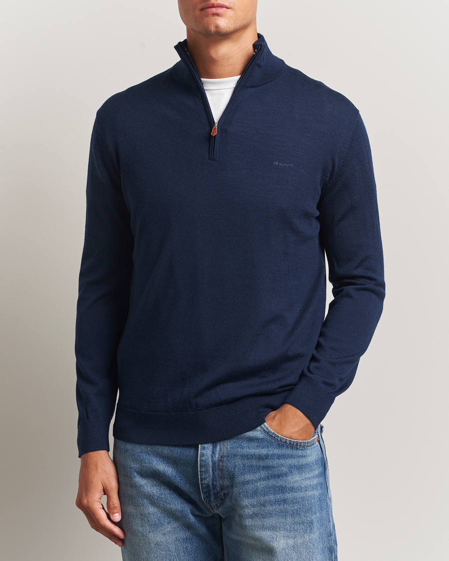 Men | Sweaters & Knitwear | Gant | Extrafine Merino Wool Half Zip Marine