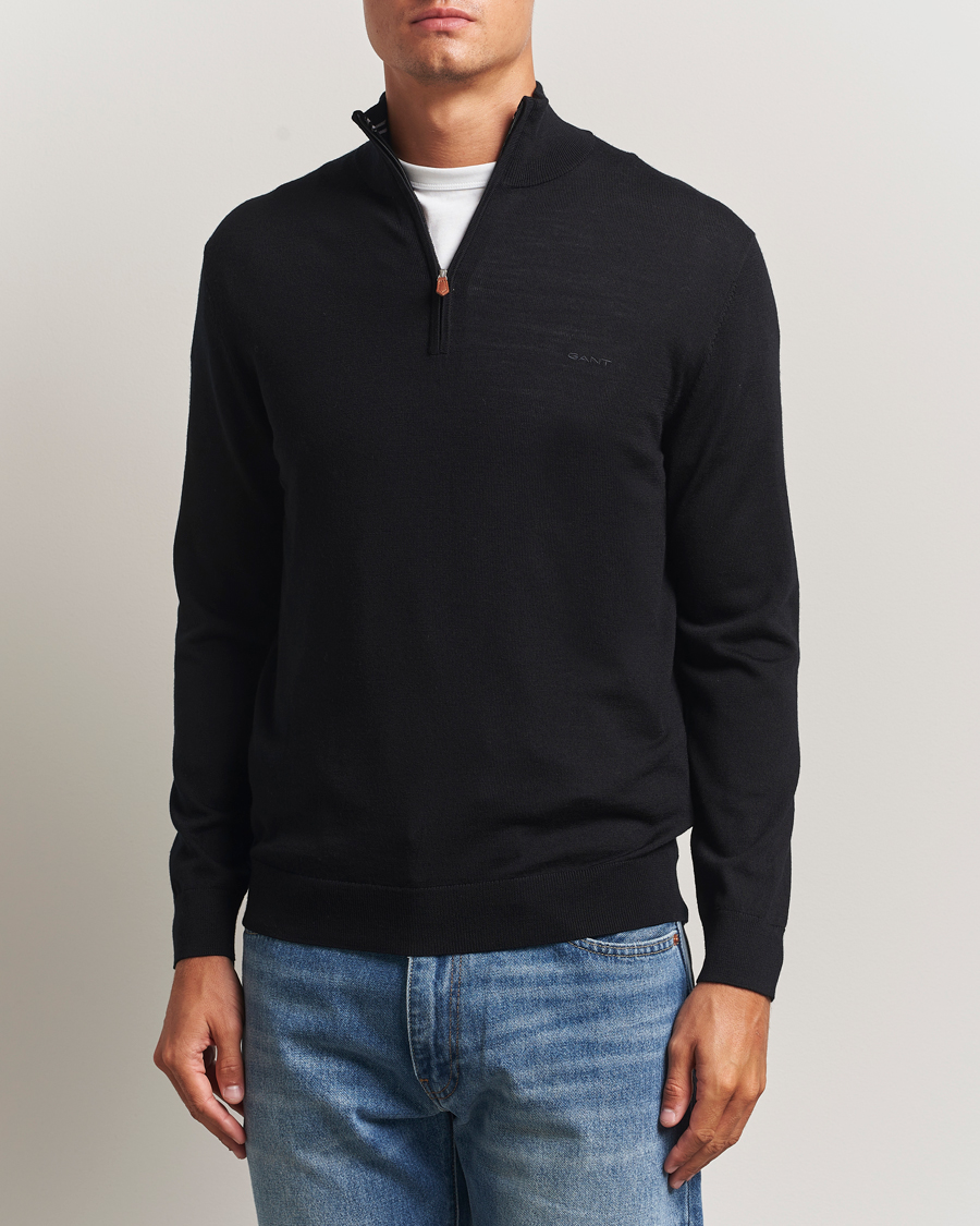 Men | Sweaters & Knitwear | GANT | Extrafine Merino Wool Half Zip Black