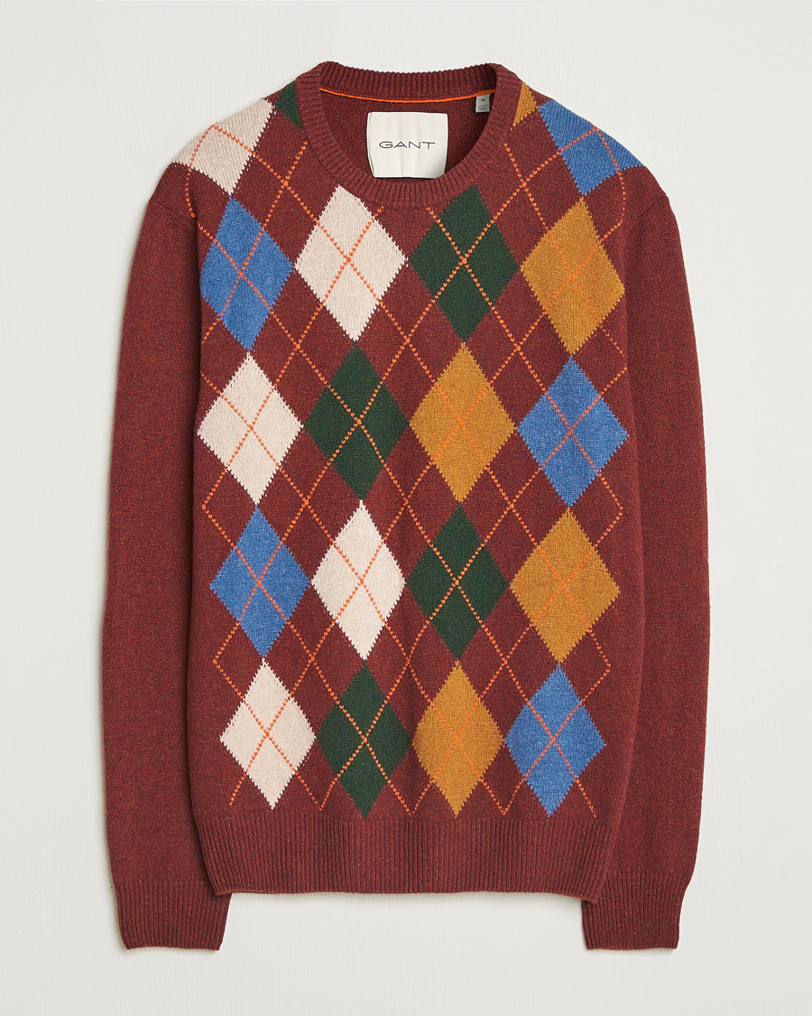 Men | Sweaters & Knitwear | GANT | Lambswool Argyle Knitted Crew Neck Winter Wine