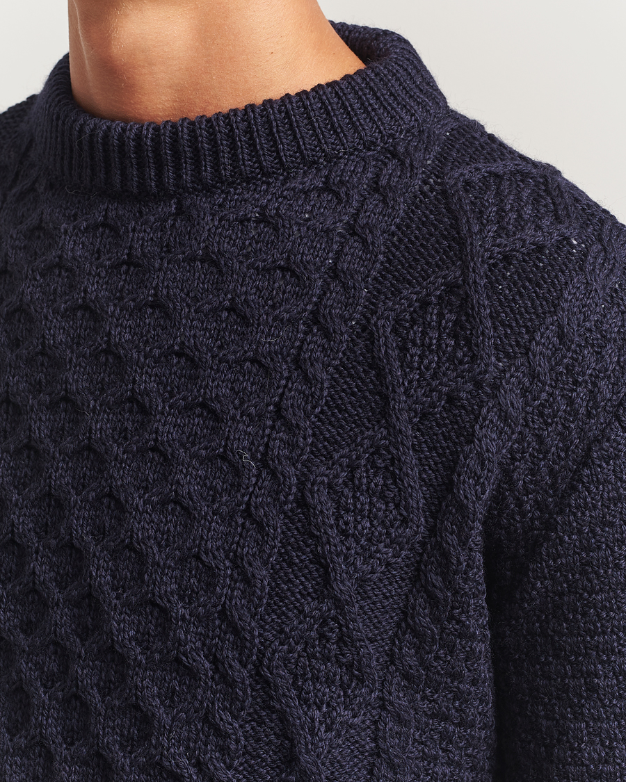 Men | Sweaters & Knitwear | Gloverall | Aran Wool Knitted Sweater Navy